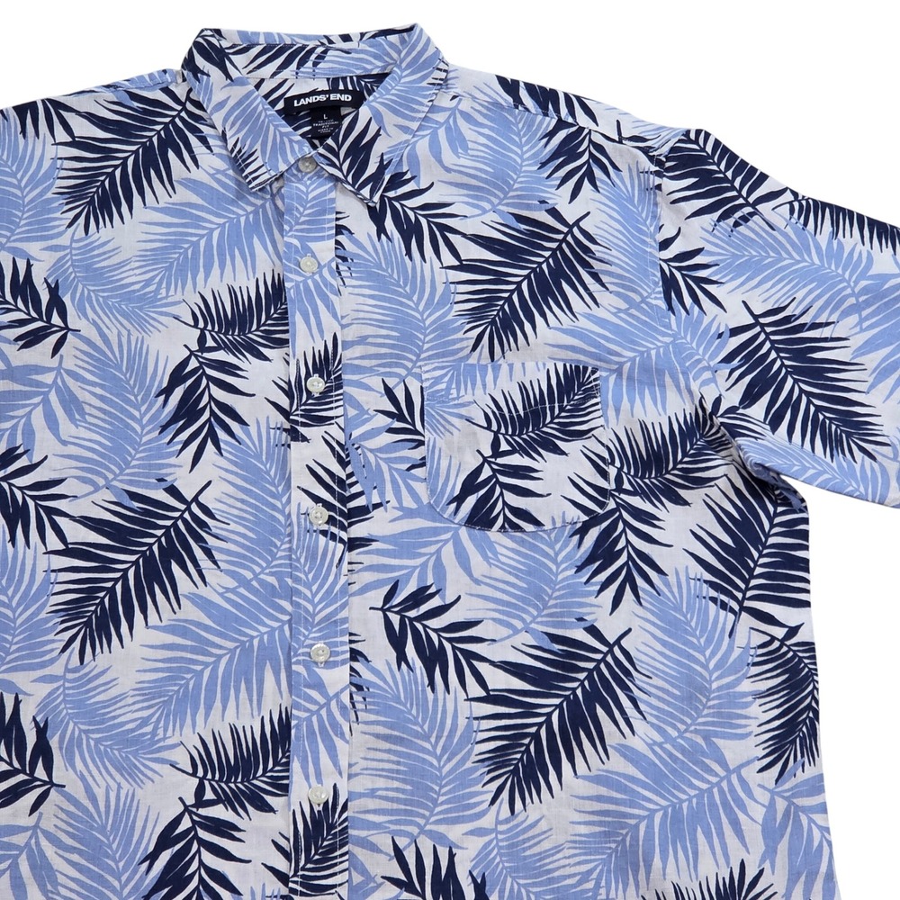 Lands End Linen‎ Hawaiian Print Button Up Short Sleeve Shirt Blue Mens Large